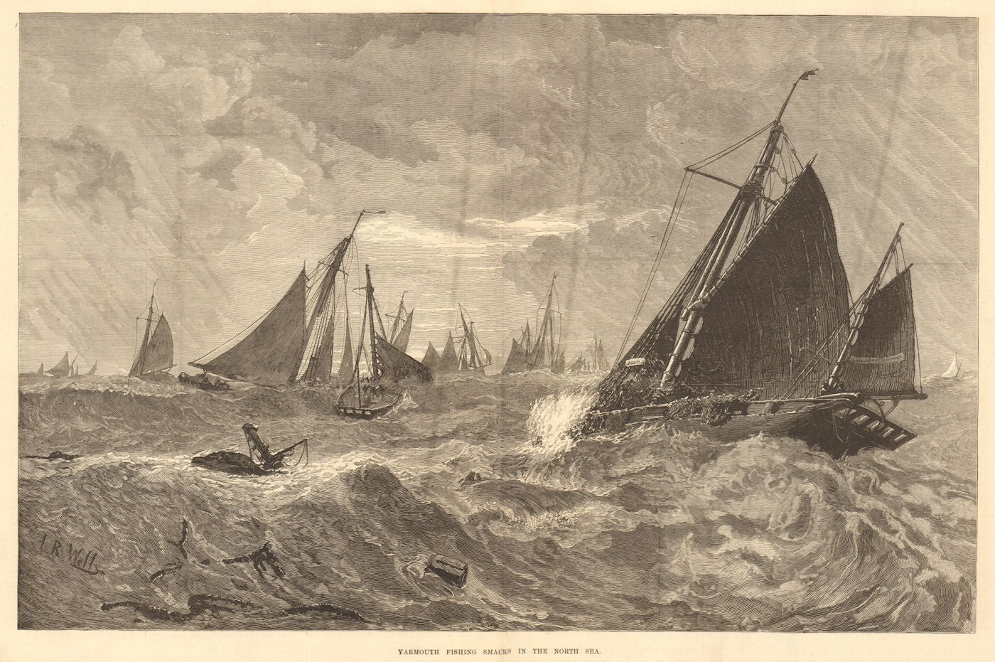 Yarmouth fishing smacks in the North Sea. Norfolk. Fishermen 1877 old print